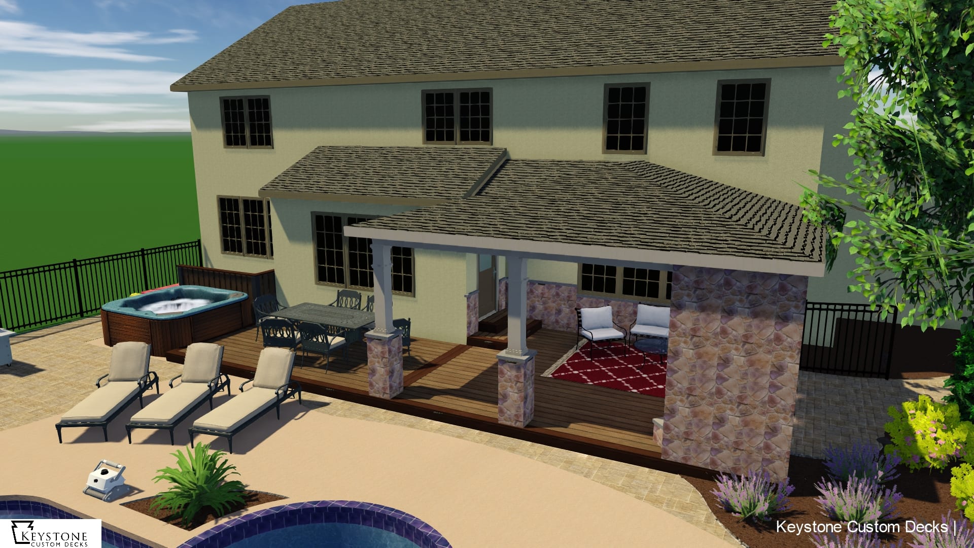 3D rendering with timbertech pecan composite deck poolside