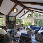 Custom Mocha TimberTech Barnwood Covered Porch with tv and seating area Garnet Valley, PA