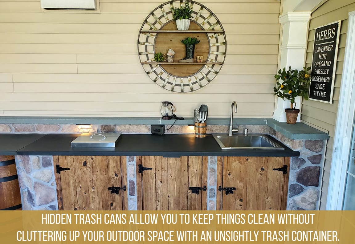 keep your outdoor kitchen clean with hidden trash cans
