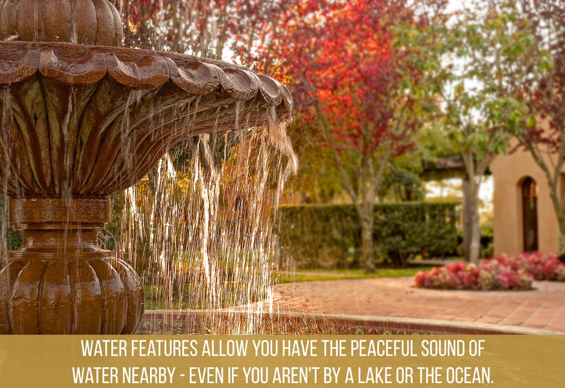 water features in an outdoor living space create a peaceful atmosphere
