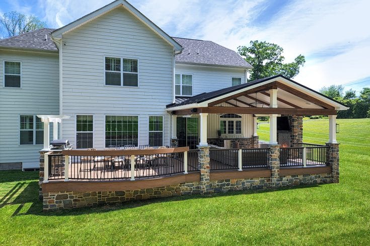 Stonework Modern Farm House Porch / Pecan TimberTech Deck – Garnet Valley, PA