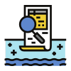 Icon depicting a magnifying glass over a document, positioned above wavy blue lines symbolizing water.