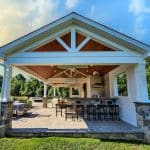 Outdoor pavilion with a wooden ceiling, bar counter with stools, dining area, and modern amenities, situated next to a pool. Surrounded by green lawn and trees under a cloudy sky.