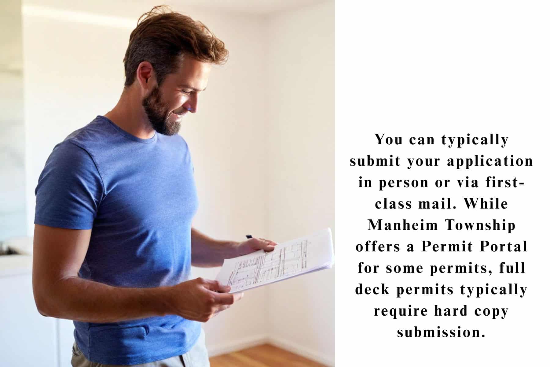 You can typically submit your application in person or via first-class mail. While Manheim Township offers a Permit Portal for some permits, full deck permits typically require hard copy submission.