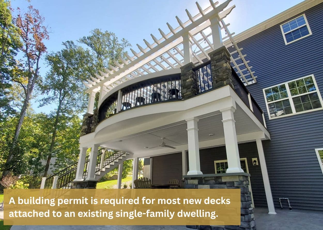 A building permit is required for most new decks attached to an existing single-family dwelling.