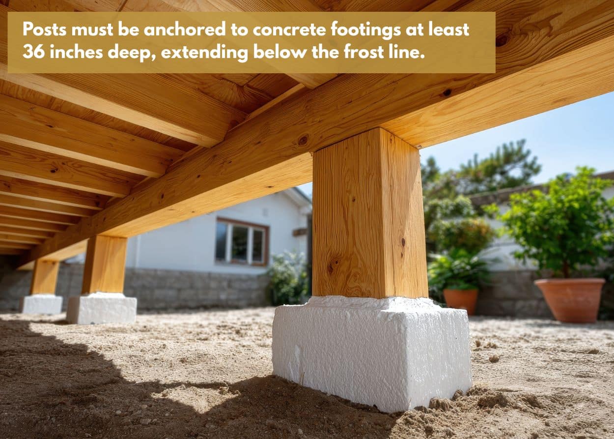 Posts must be anchored to concrete footings at least 36 inches deep, extending below the frost line.