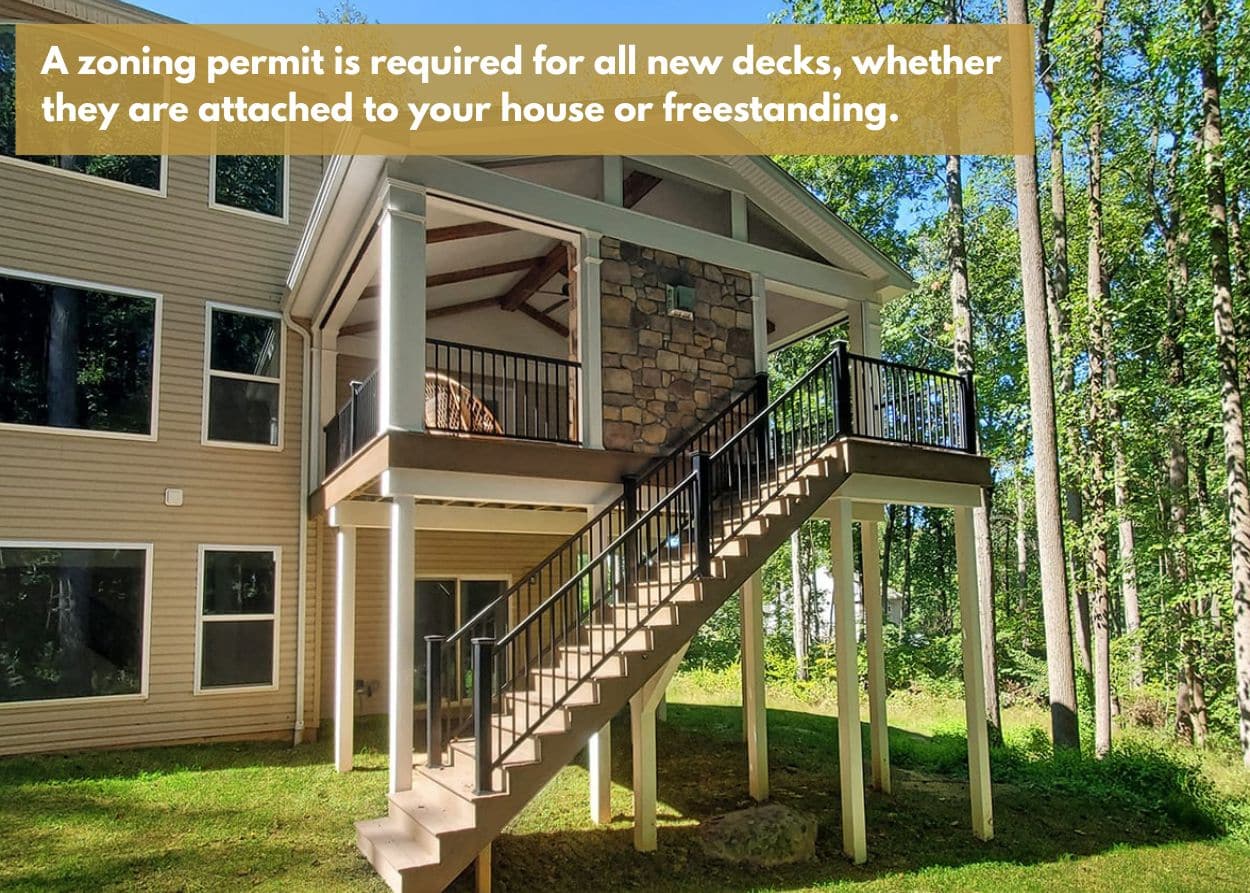 A zoning permit is required for all new decks, whether they are attached to your house or freestanding.