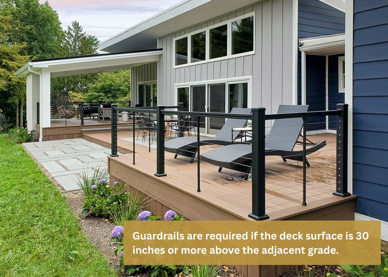 Modern ground-level deck with railing and landscaped surroundings, representing structural and safety requirements for deck builds in Derry Township, Pennsylvania. Caption: Guardrails are required if the deck surface is 30 inches or more above the adjacent grade.