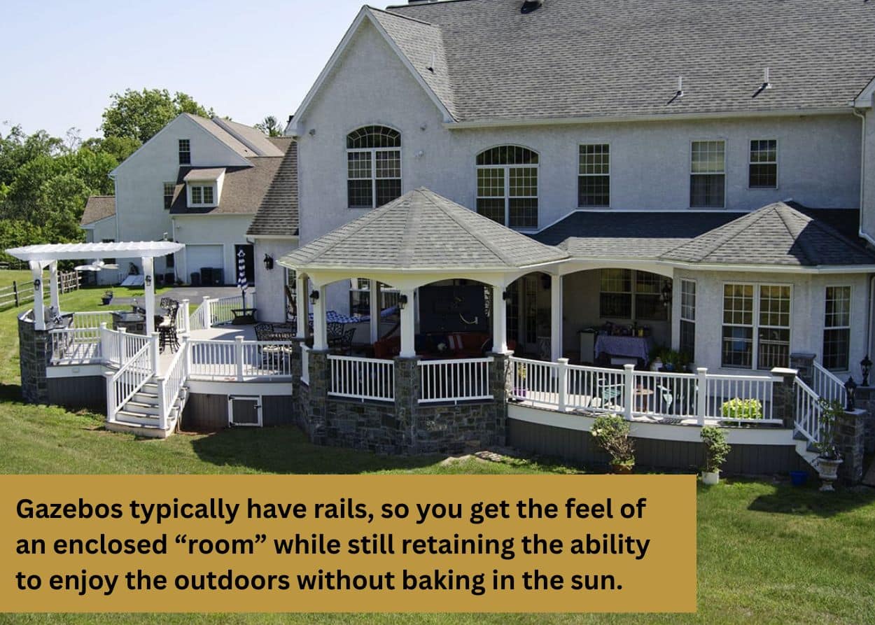 Backyard deck with attached gazebo structure providing permanent shade and outdoor living space.
