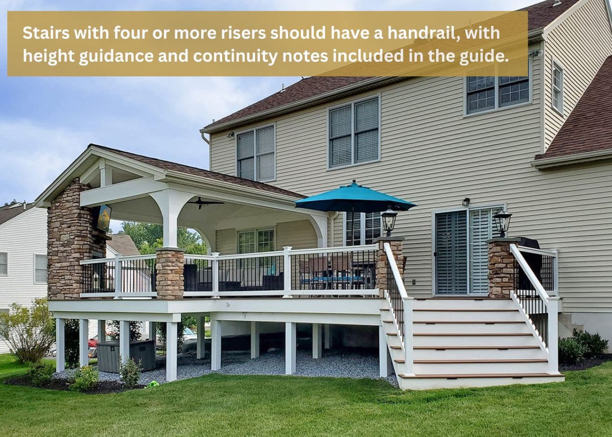Exterior deck stairs with code-compliant handrails and guardrails required by Pennsylvania building regulations.