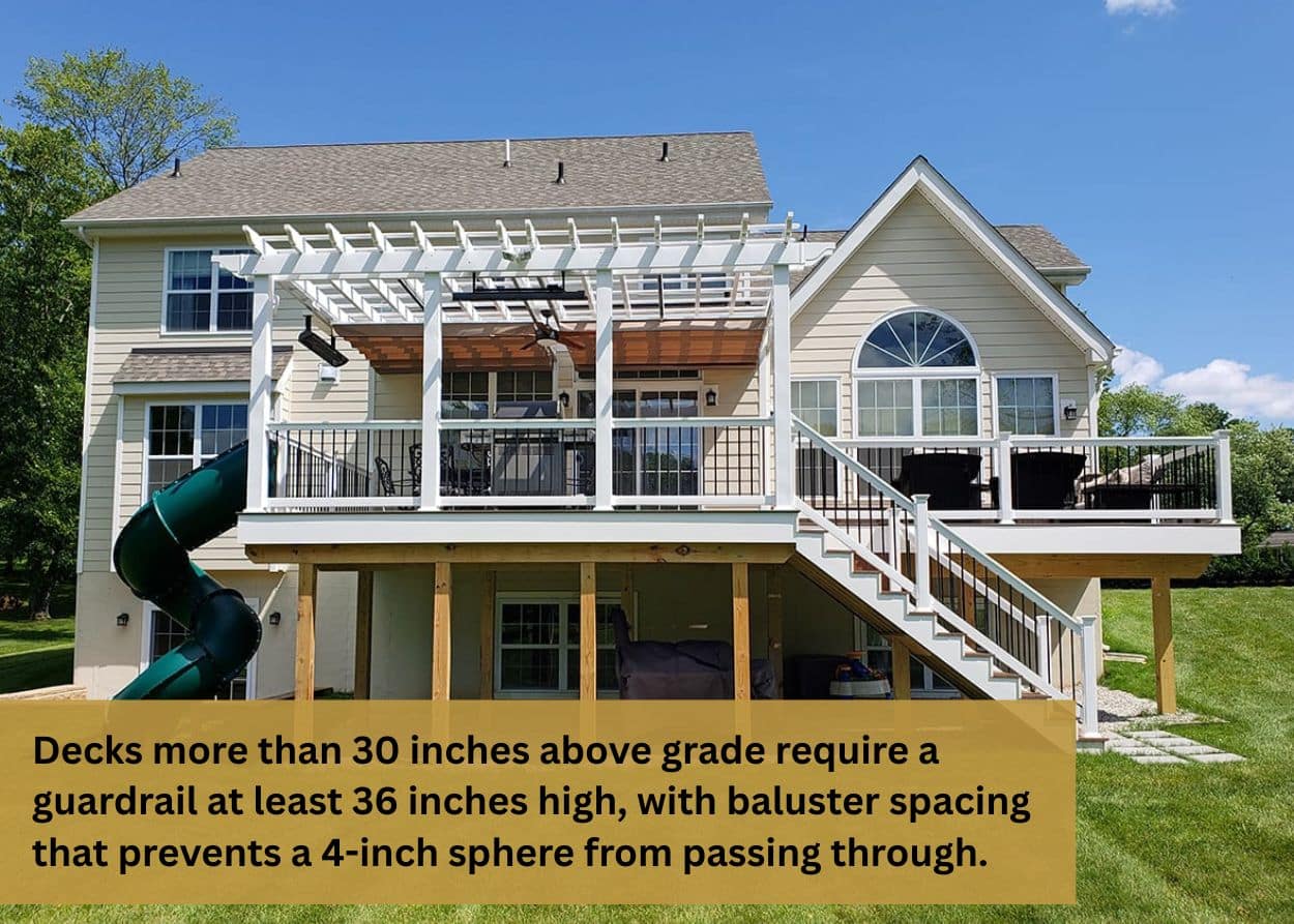 Elevated backyard deck with pergola, stairs, and outdoor living space under structure.