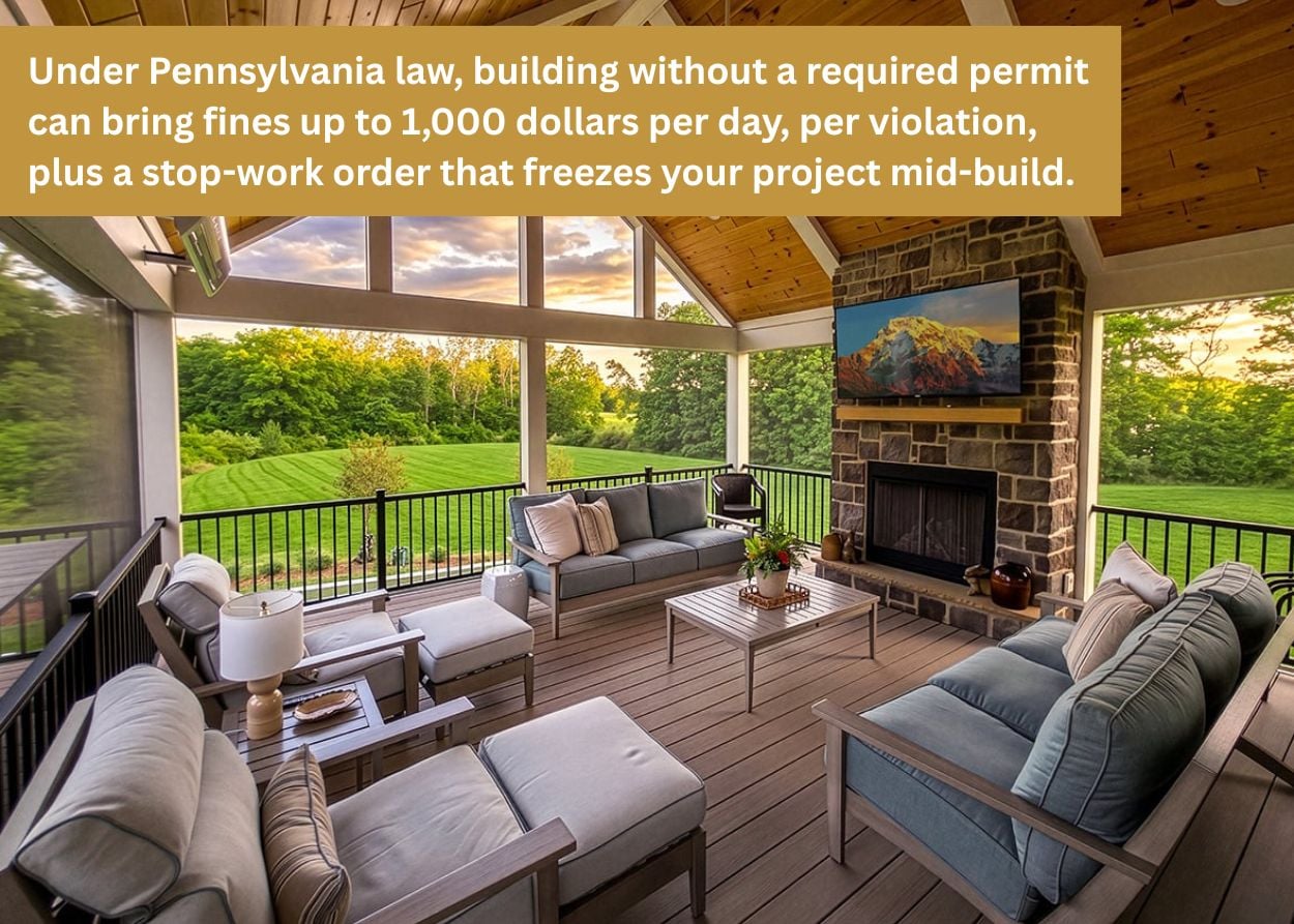 Covered outdoor living deck with stone fireplace, composite decking, and safety railings built to Pennsylvania building code requirements