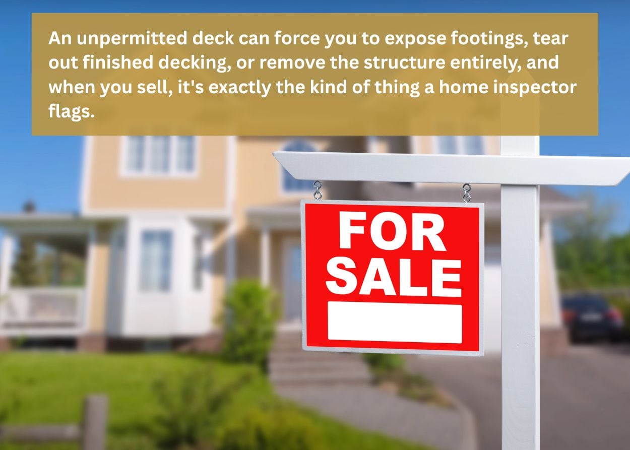 Home with a for sale sign illustrating the risks of building a deck without permits in Monroe Township, PA.