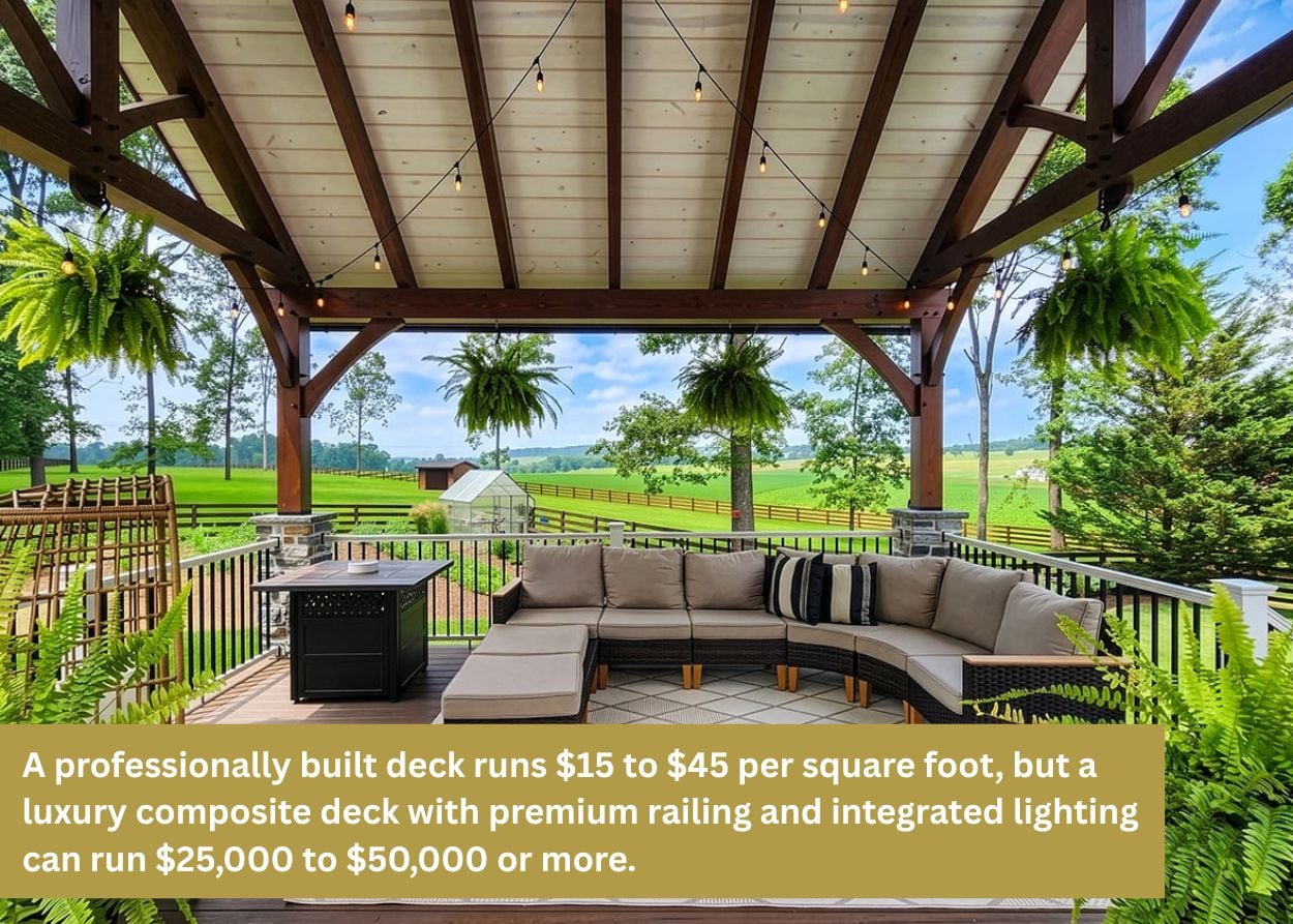 Luxury covered deck with exposed timber framing, composite decking, outdoor lounge seating, and scenic Pennsylvania countryside views