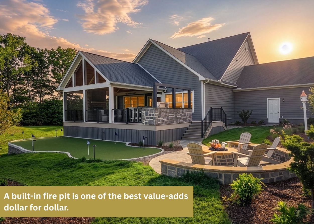 Luxury outdoor living project featuring a covered porch, fire pit patio, putting green, composite deck, and custom landscaping in Pennsylvania