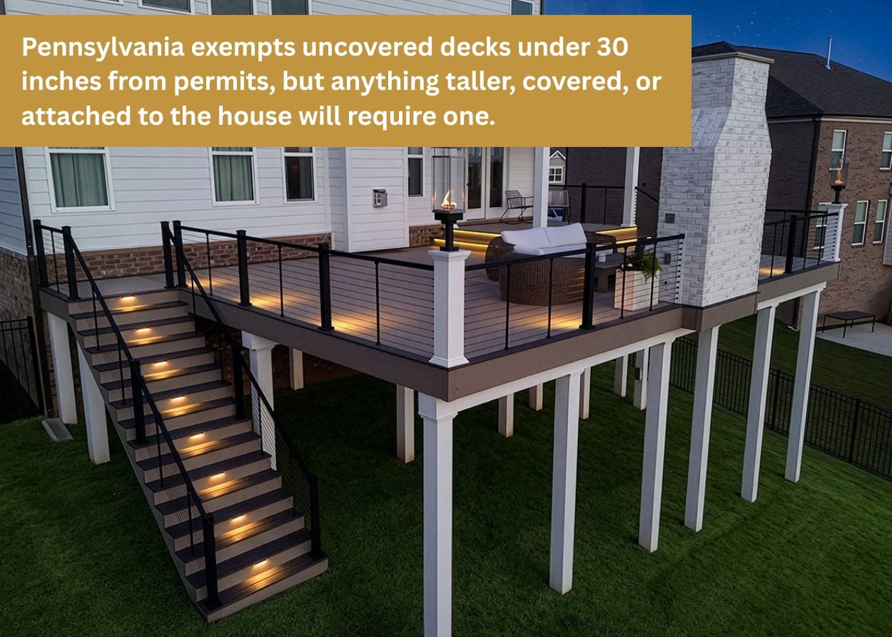 Elevated composite deck with illuminated stairs, black aluminum railings, outdoor fireplace, and permit-compliant construction in Middlesex Township, PA