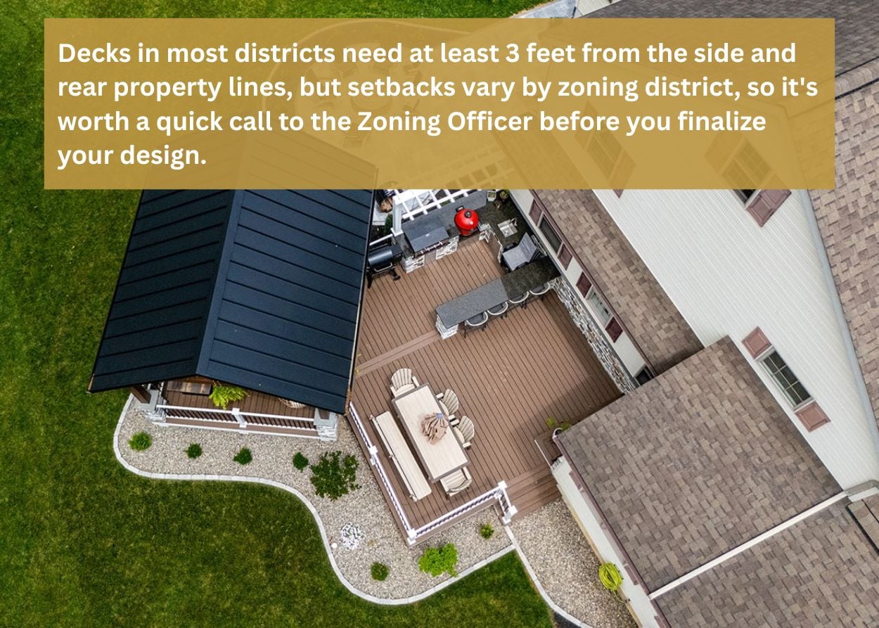 Aerial view of a custom backyard deck showing deck placement and zoning considerations in Monroe Township, PA.