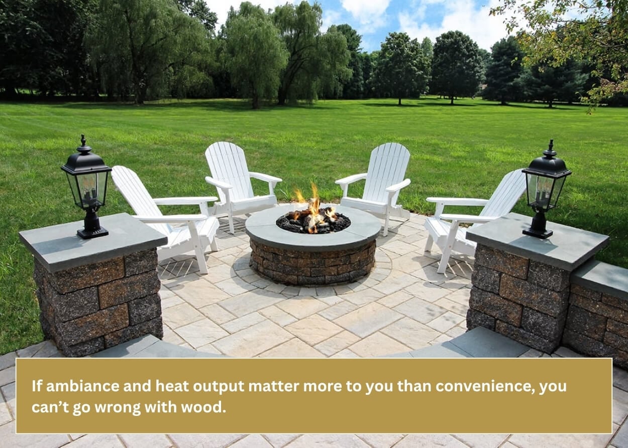 Wood-burning stone fire pit surrounded by white Adirondack chairs on a paver patio