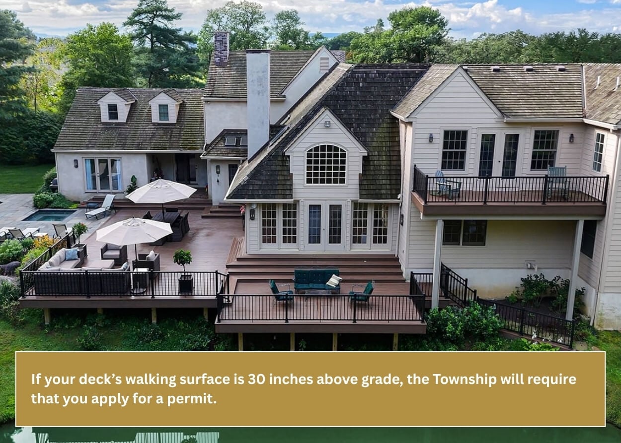 Aerial view of a custom multi-level deck overlooking a backyard pond in Pennsylvania