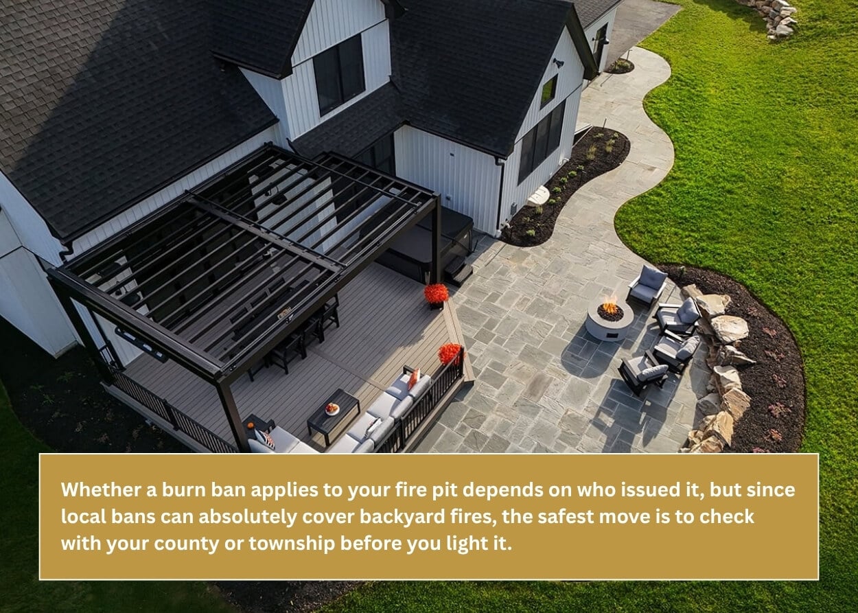 Outdoor living space with a fire pit, paver patio, deck, and pergola