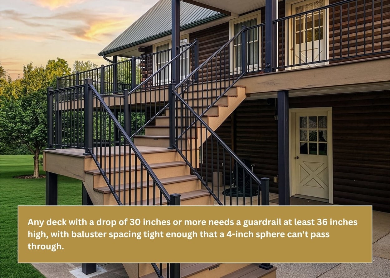 Elevated composite deck with stairs and black metal guardrails on a Pennsylvania home