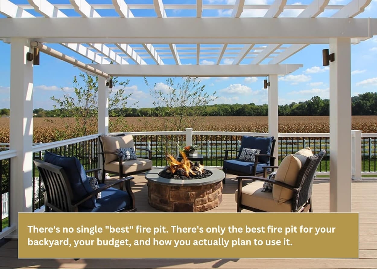 Built-in fire pit with outdoor seating beneath a white pergola on a composite deck