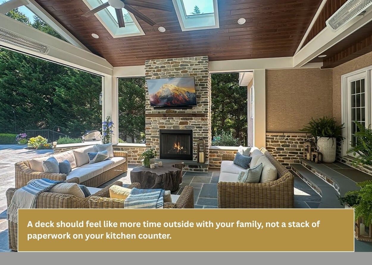 Covered outdoor living space with stone fireplace, seating, and vaulted wood ceiling