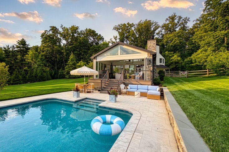 Poolside Porch with Fireplace and Travertine Patio – Newtown Square, PA