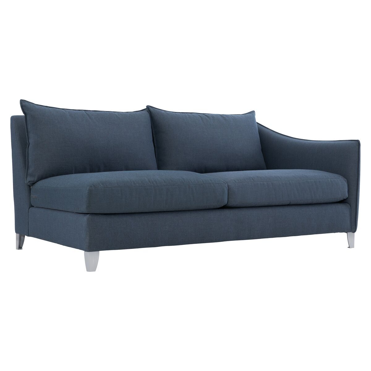 A dark blue three-seater sofa with two back cushions and slim, silver legs.