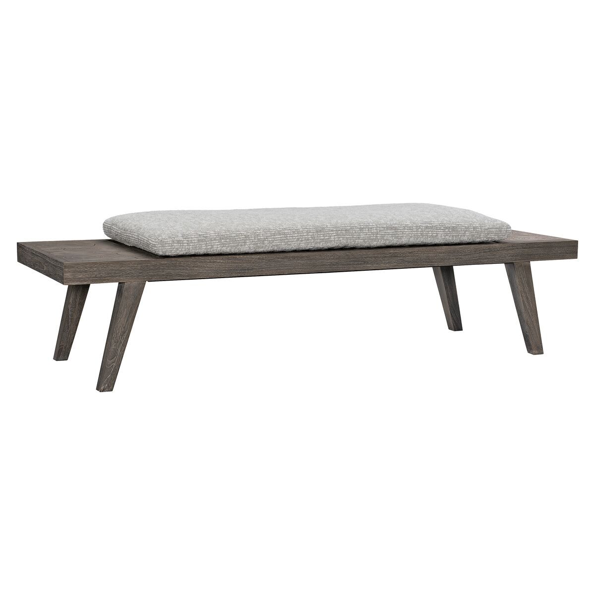 A wooden bench with angled legs and a cushioned seat. The cushion is light gray and the bench is dark wood.