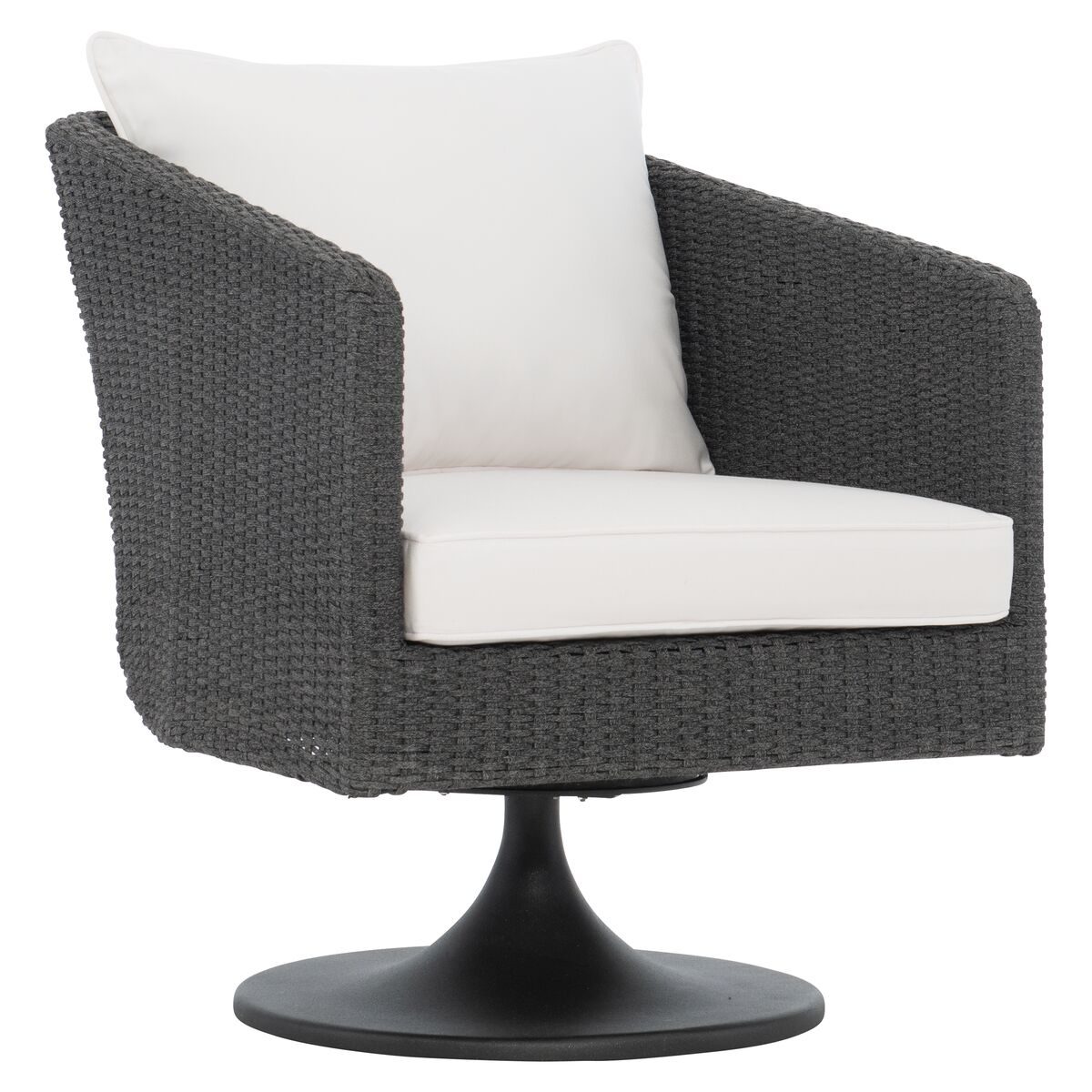 A dark grey, wicker-style swivel chair with white seat and back cushions sits on a black pedestal base.