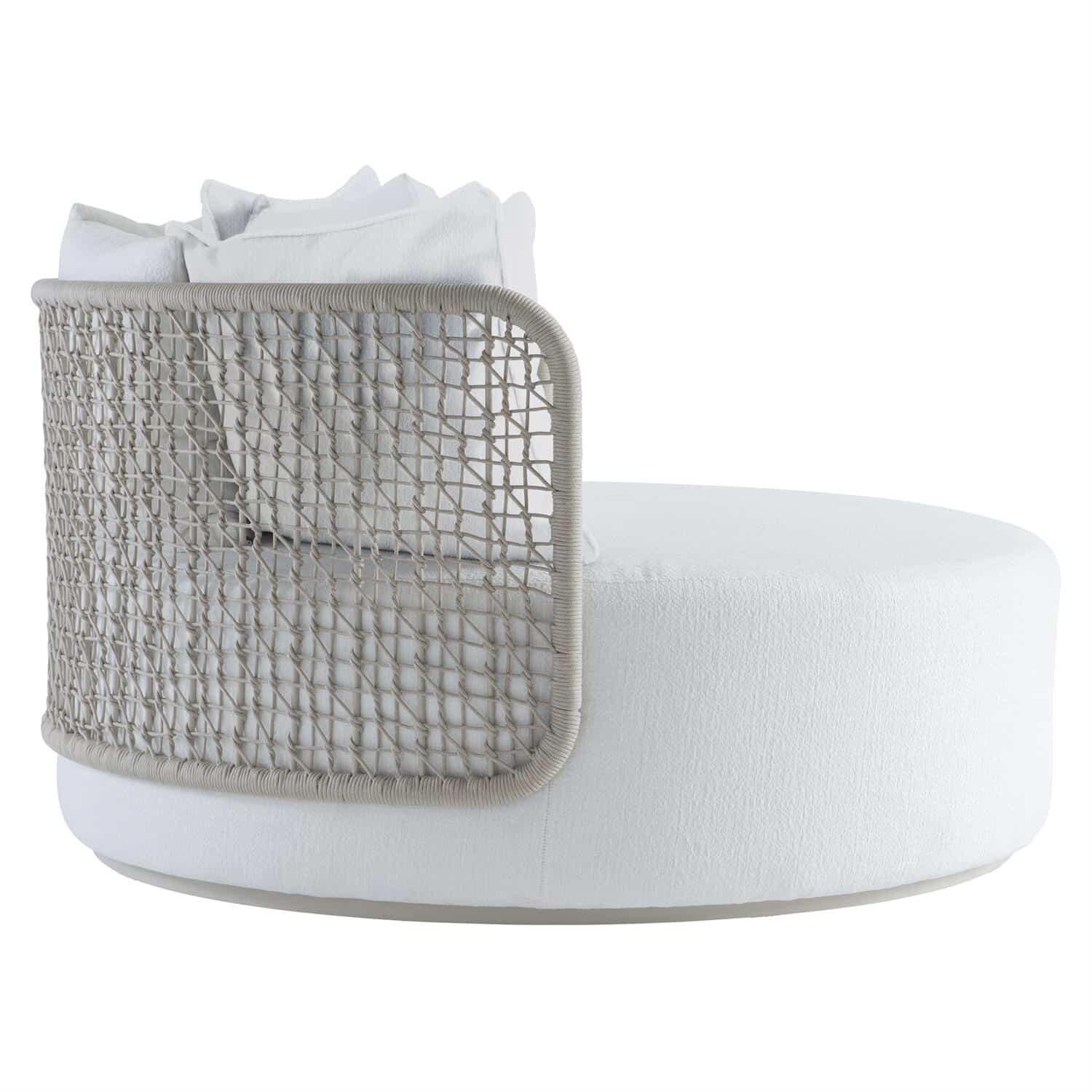 O1609S_102 A round, white cushioned chair with a mesh backrest and throw pillows, designed for indoor or outdoor use.
