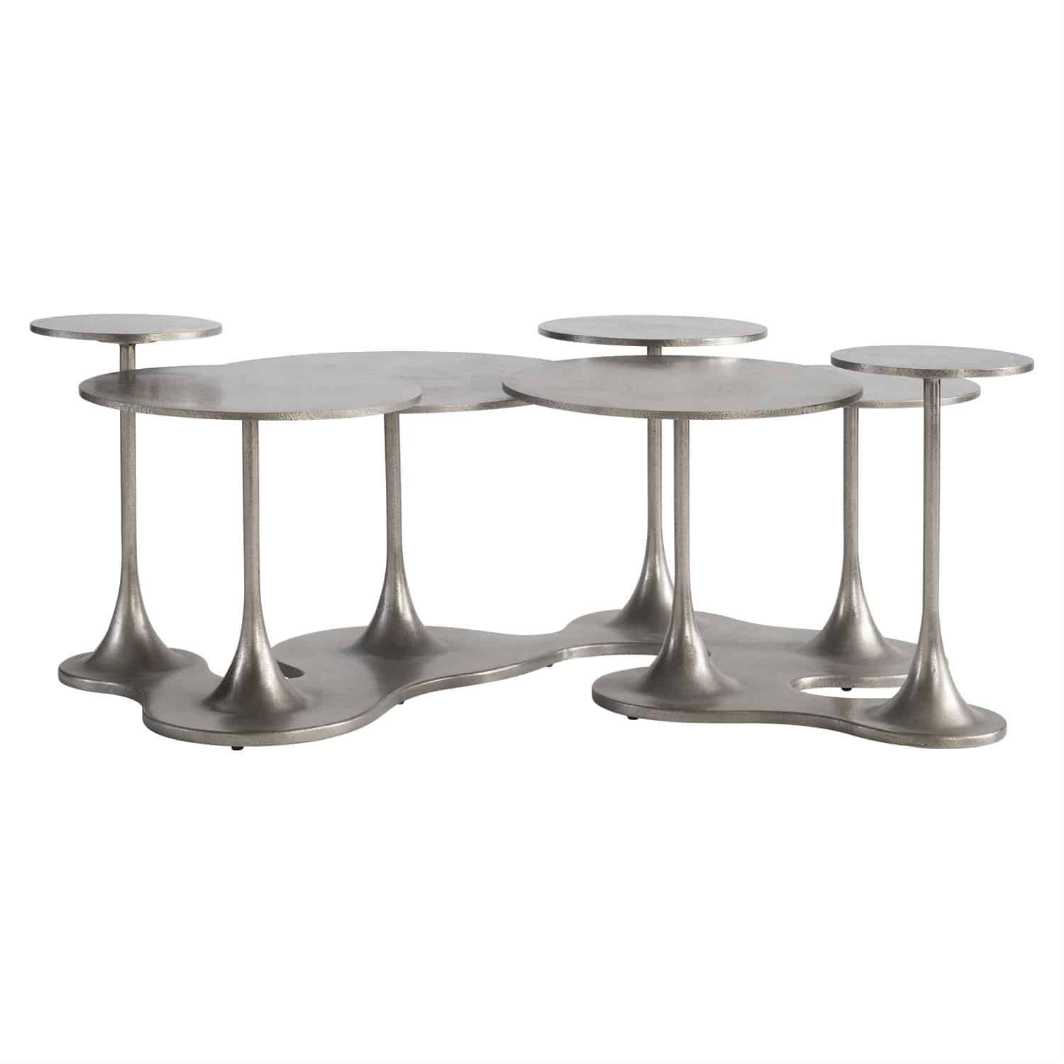 A metallic coffee table with an abstract design featuring multiple connected, circular surfaces of varying heights on slender, curved supports.