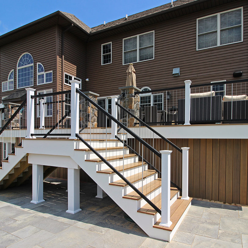 Custom Tigerwood TimberTech Deck with staircase and black and white railing Leesport, PA